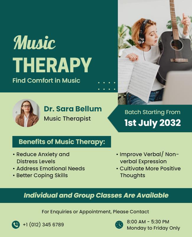 Inviting Green Music Therapy Enrollment Information Poster Template