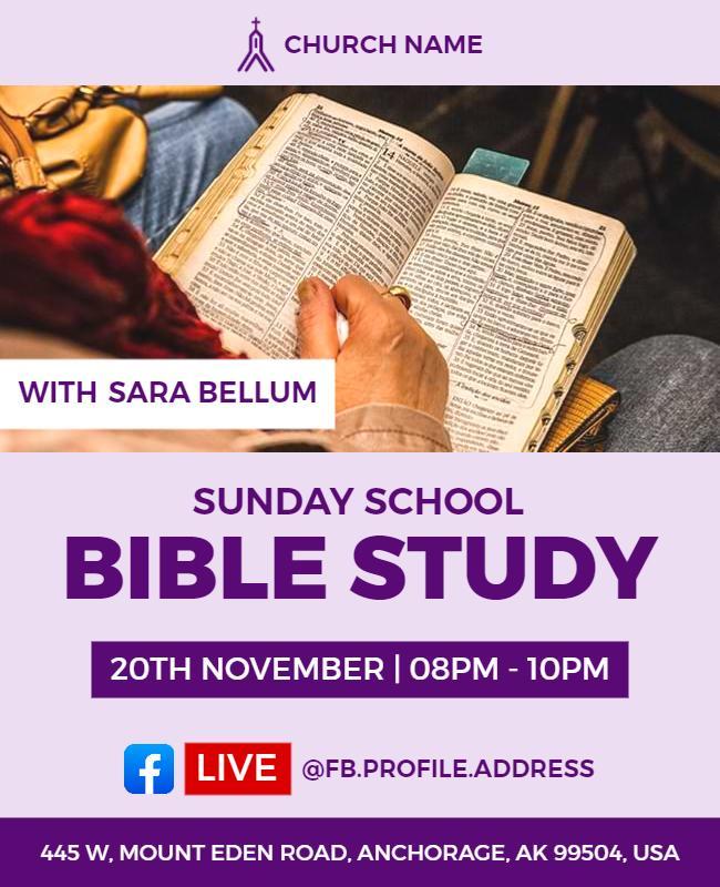 Inviting Purple Bible Study Session at Sunday School Poster Template