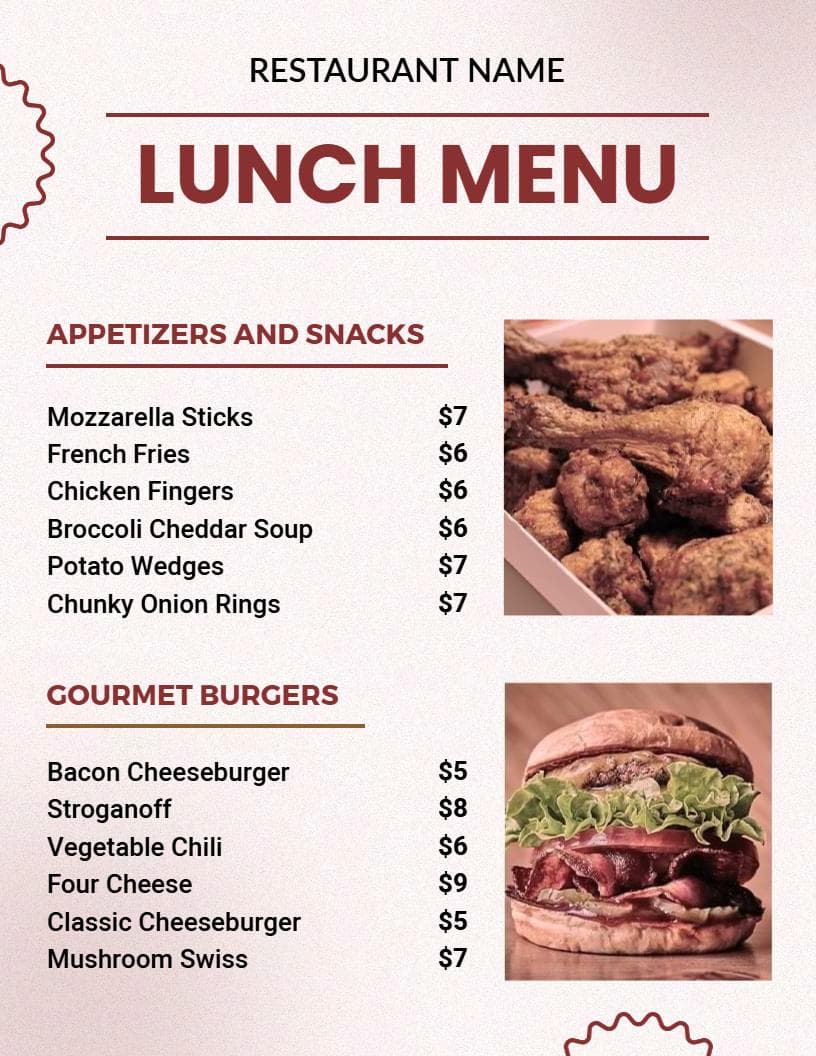 Irresistible Appetizers and Gourmet Burgers Delight Lunch Menu Template