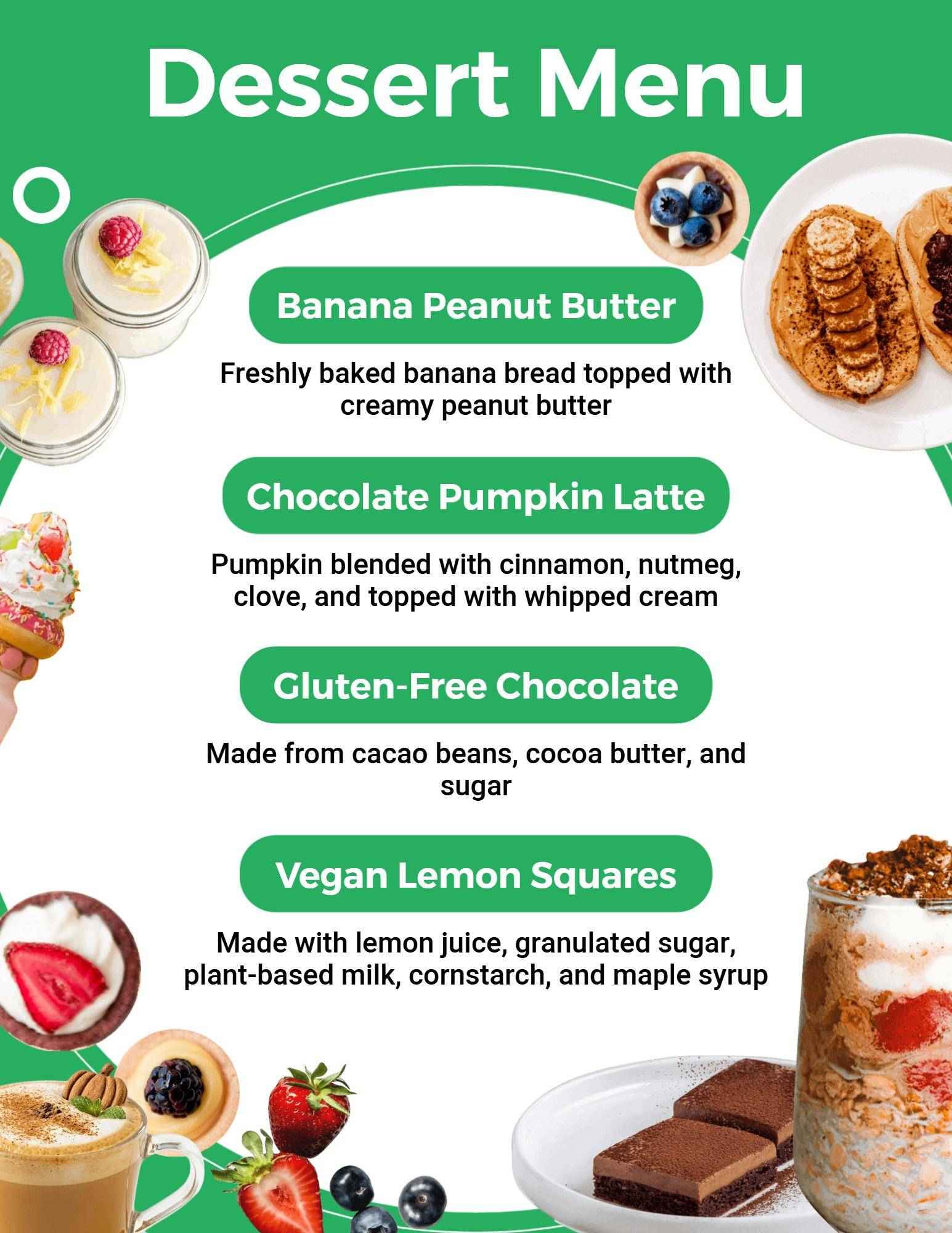 Irresistible Banana Peanut Butter and Pumpkin Treats Dessert Menu Template