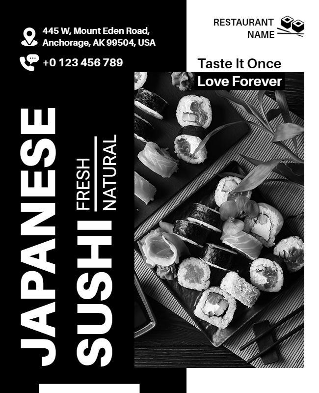 Bold Black and White Japanese Sushi Restaurant Flyer Template