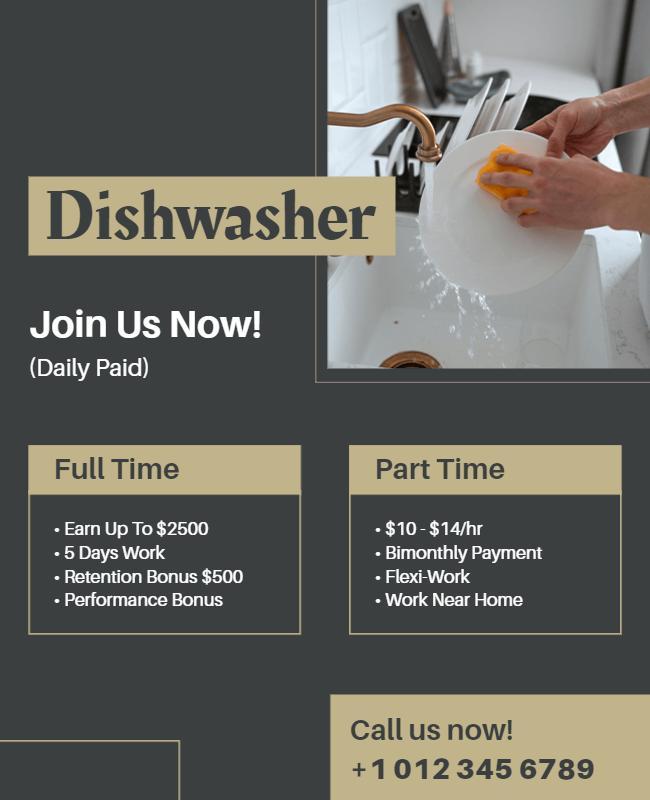 Job Opportunity for Dishwasher Positions Flyer Template