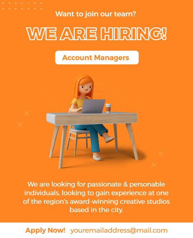 Vibrant Orange Creative Studio Hiring Account Managers Flyer Template