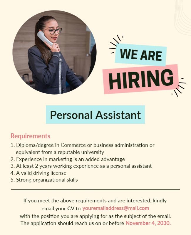 Job Vacancy Personal Assistant Hiring Flyer Template