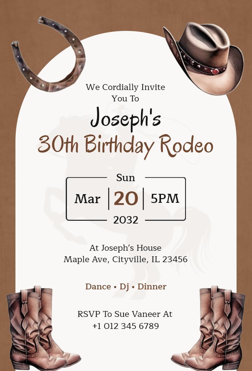 Joseph's 30th Rodeo Themed Birthday Celebration Invitation Template