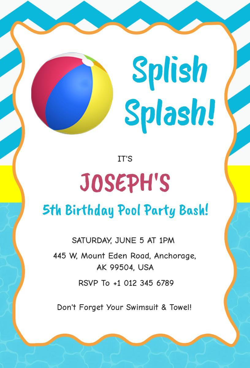 Joseph's Fun 5th Birthday Pool Party Celebration Invitation Template