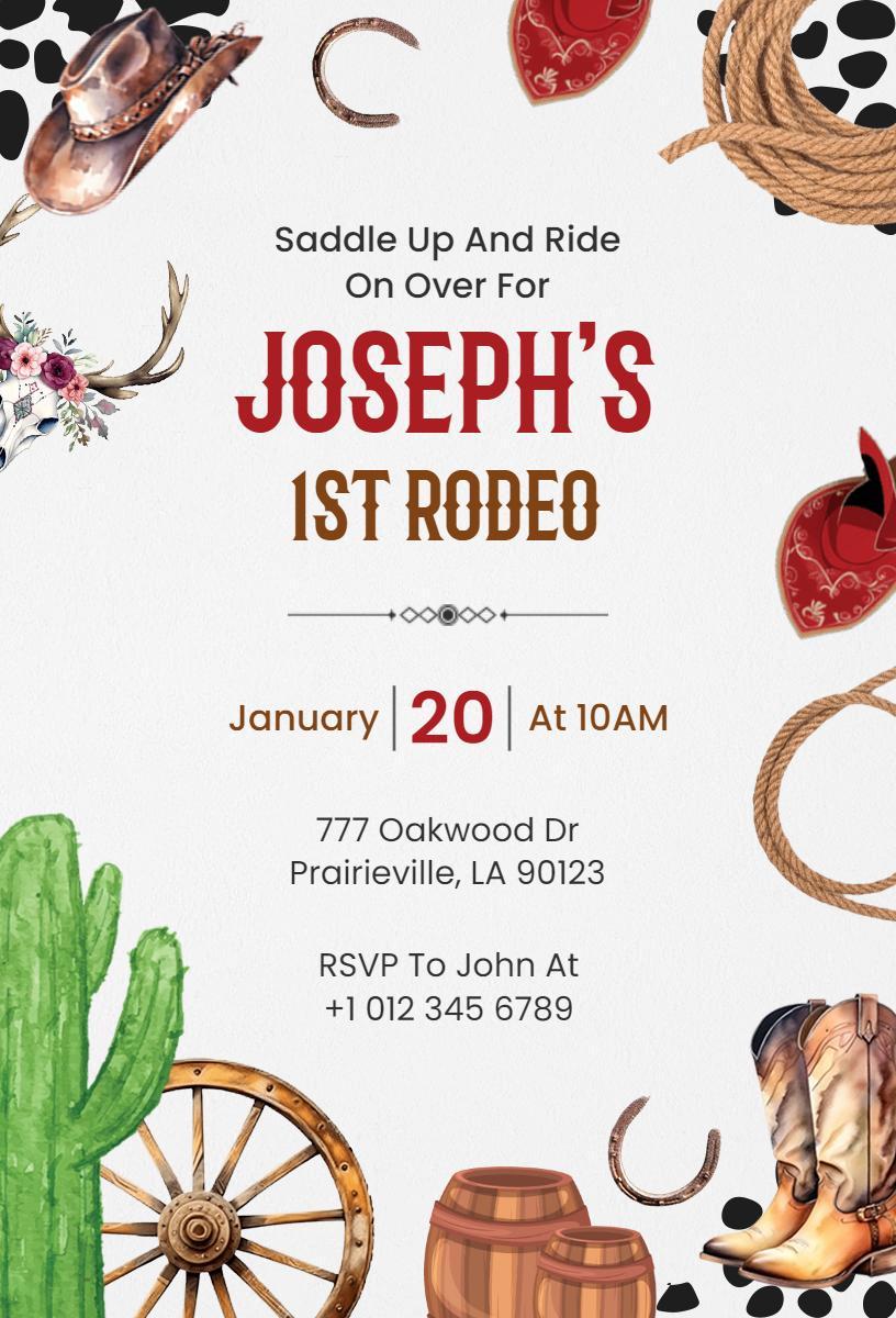 Joseph's Fun Rodeo 1st Birthday Celebration Invitation Template