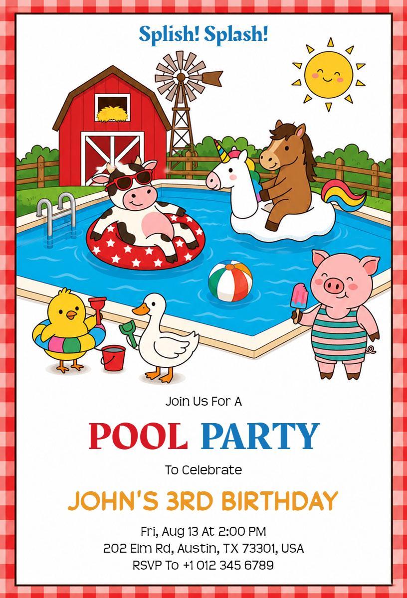 Joyful Animal Theme Kids Pool Party Celebration Invitation Template