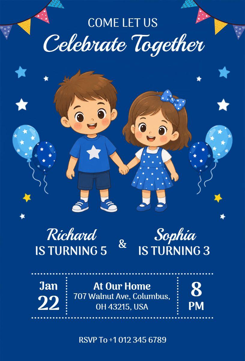Joyful Blue Balloon Dual Kids Birthday Celebration Invitation Template