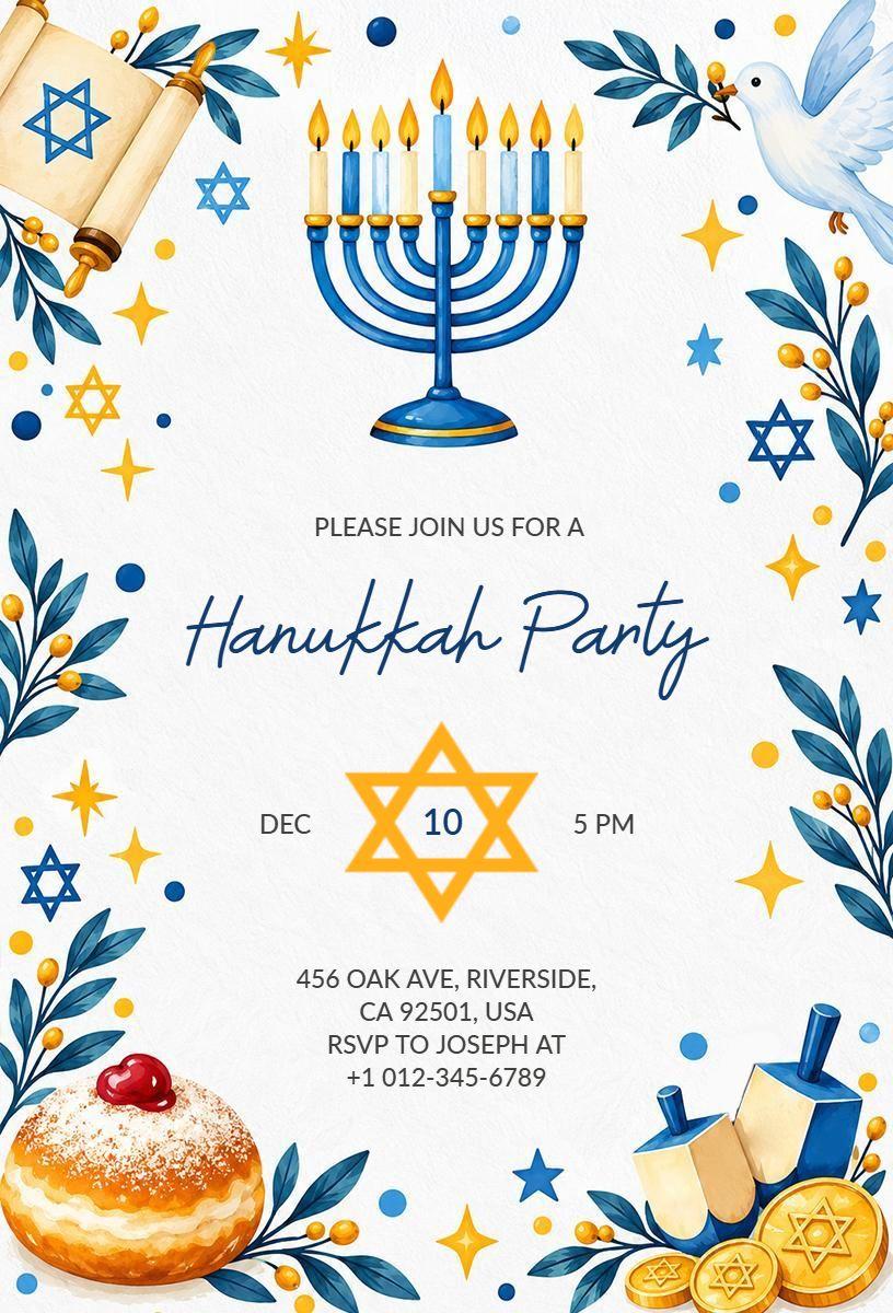 Joyful Blue Starry Hanukkah Celebration Party Invitation Template