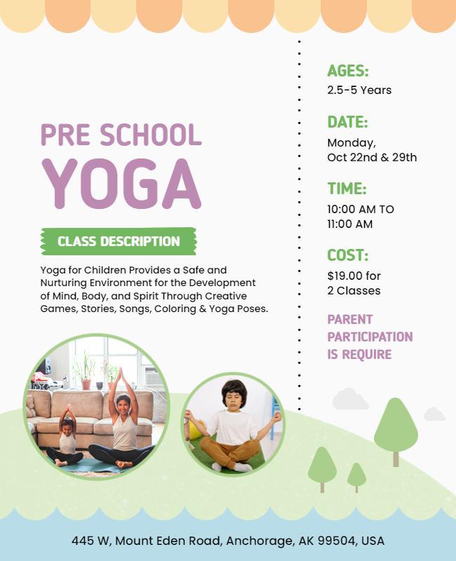 Joyful Colorful Preschool Yoga Class Announcement Poster Template