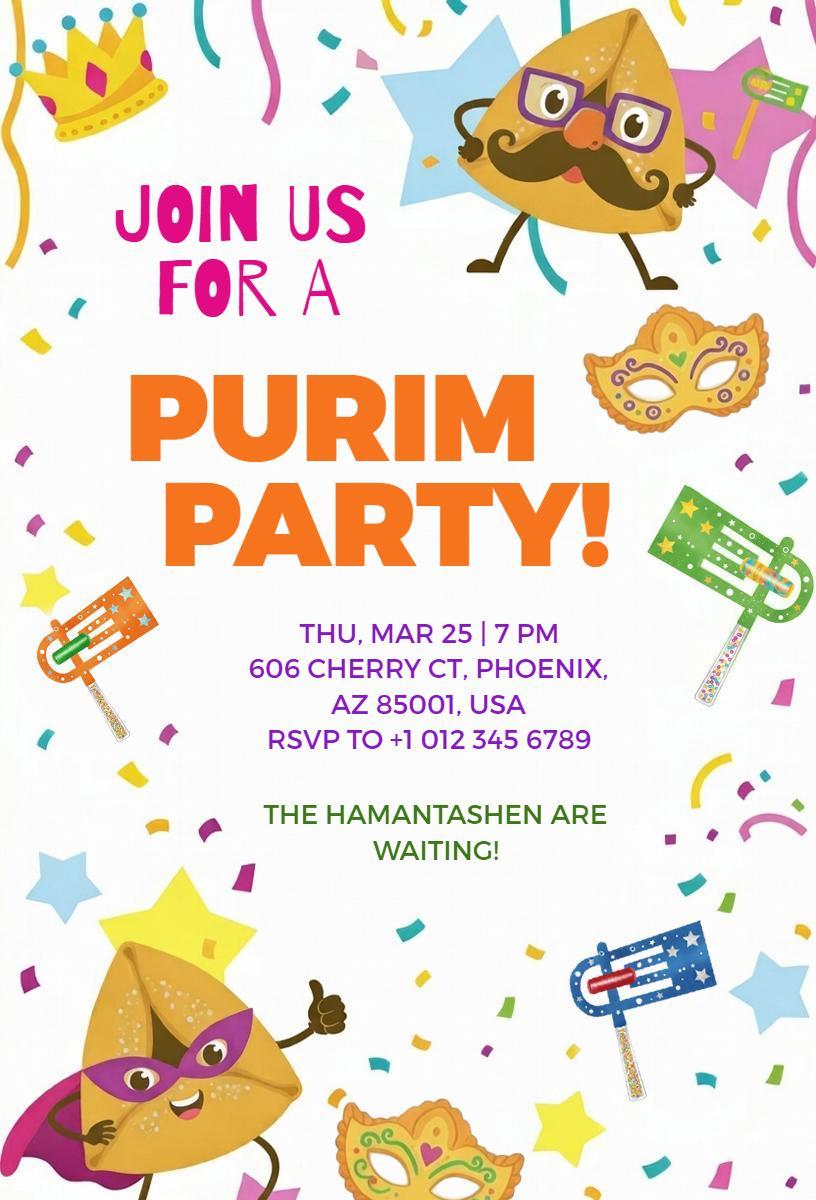 Joyful Colorful Purim Festivity Celebration Party Invitation Template