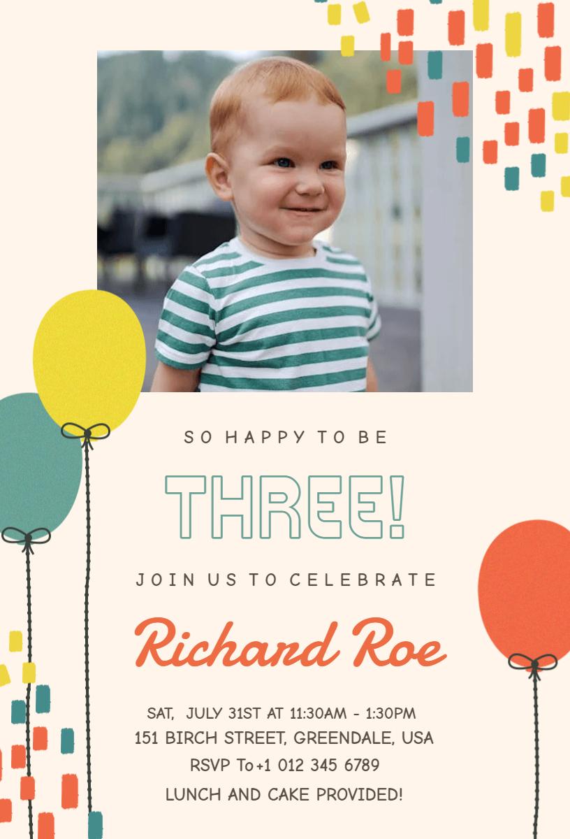 Joyful Colorful Three-Year-Old Birthday Celebration Invitation Template