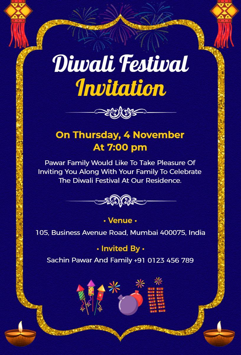 Joyful Diwali Festival Celebration Family Gathering Invitation Template