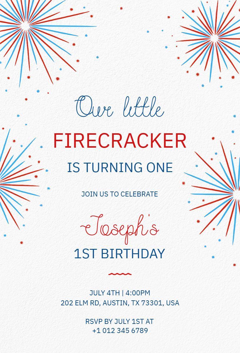 Joyful Firecracker Themed 1st Birthday Celebration Invitation Template