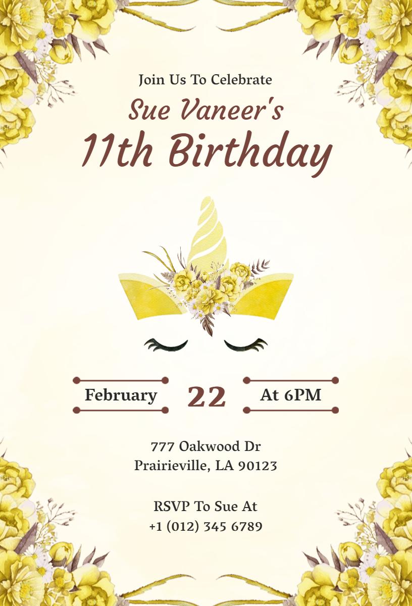 Joyful Floral Unicorn 11th Birthday Celebration Invitation Template