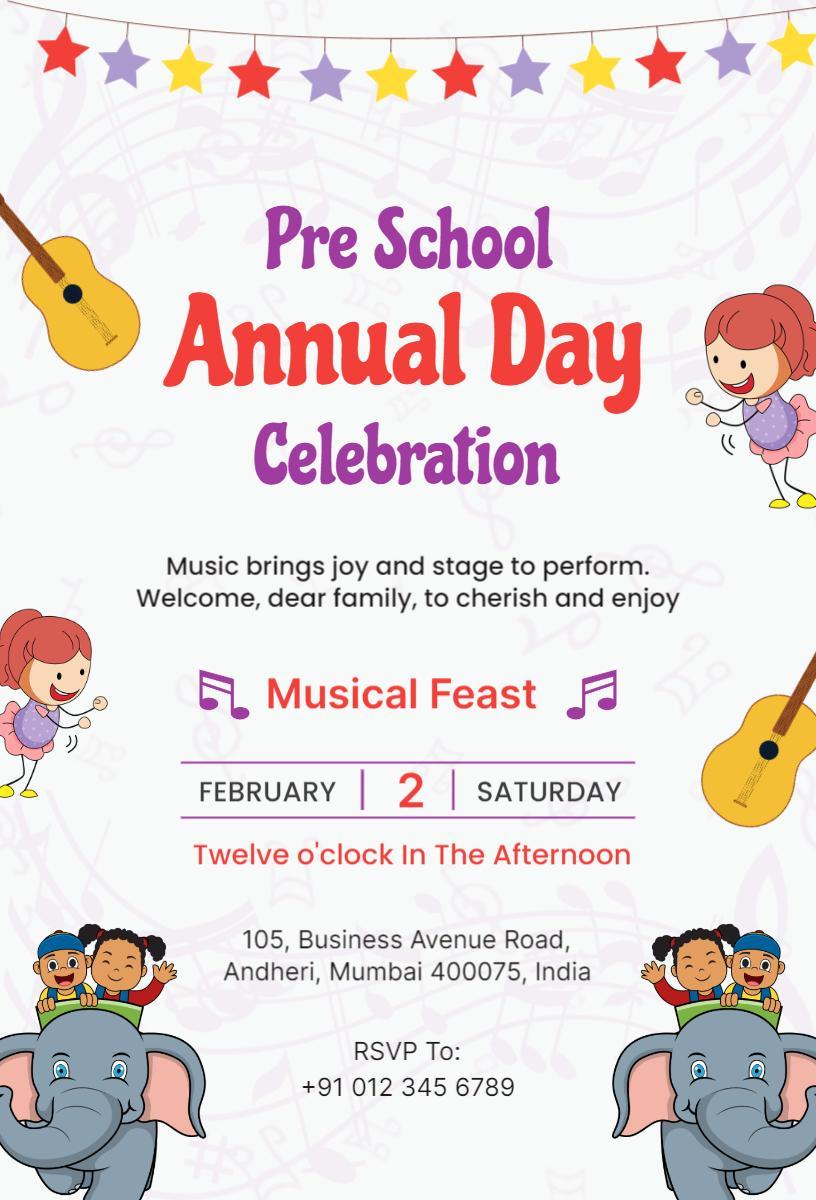 Joyful Pre School Annual Day Musical Feast Invitation Template