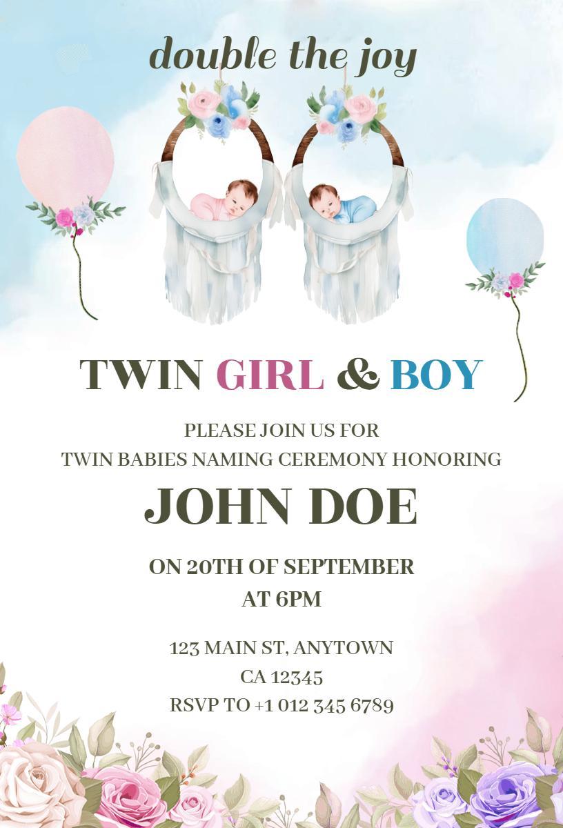 Joyful Twin Girl Boy Naming Ceremony Celebration Invitation Template