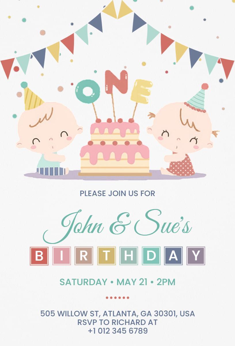Joyful Twins First Birthday Celebration Invitation Template