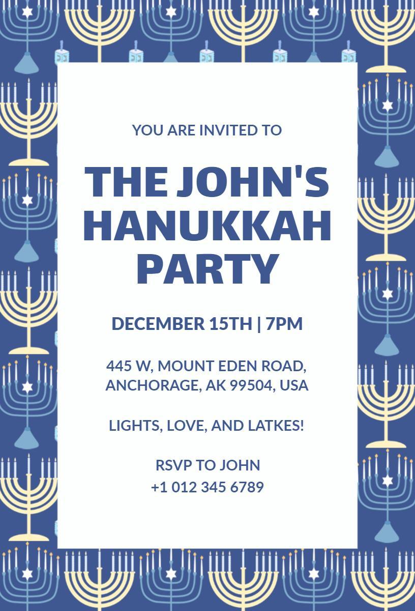 Joyous Blue Menorah Hanukkah Celebration Invitation Template