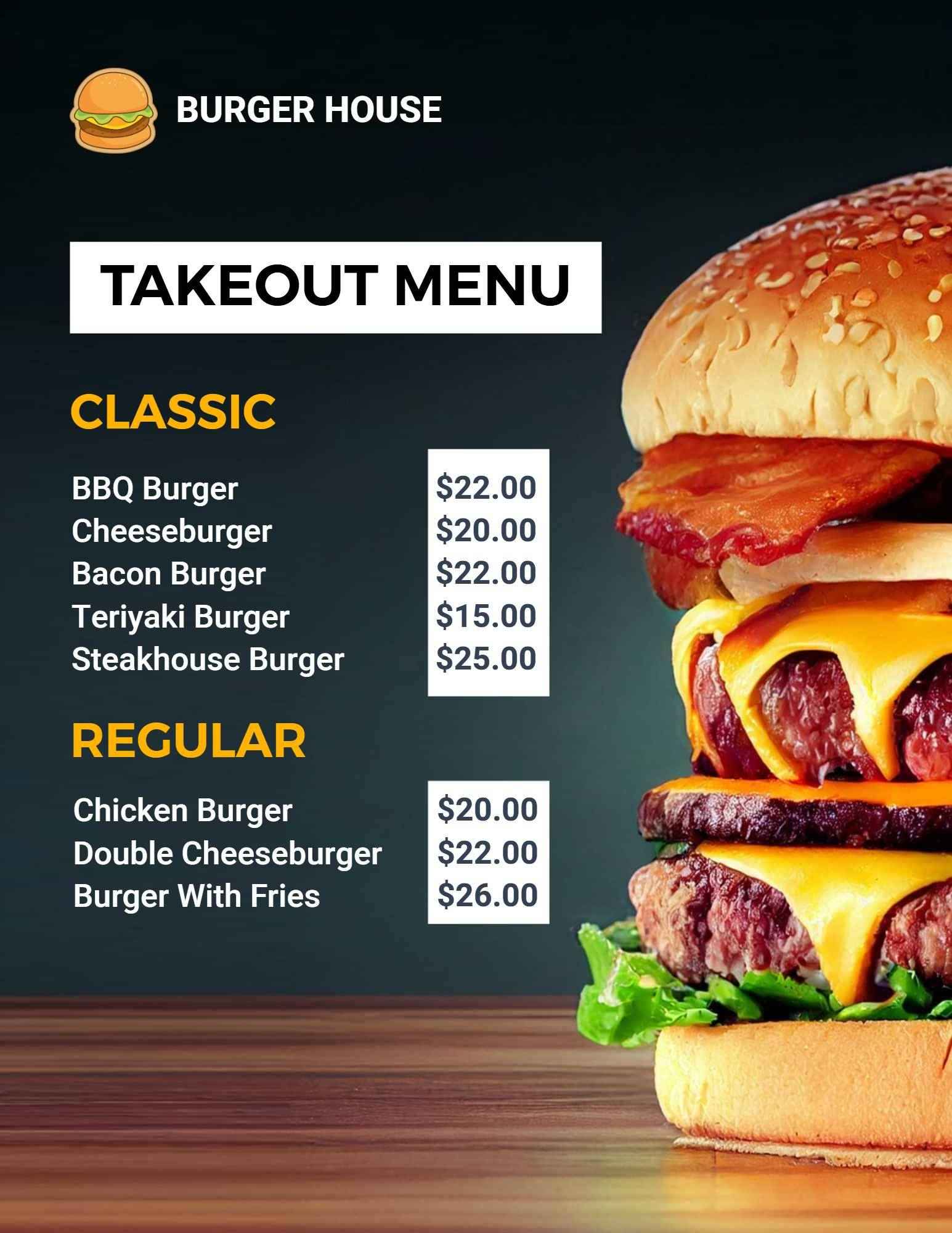 Juicy Cheeseburgers and Savory BBQ Options Take-Out Menu Template