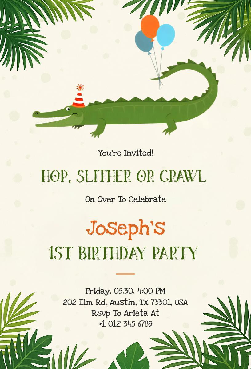 Jungle Adventure Alligator 1st Birthday Celebration Invitation Template