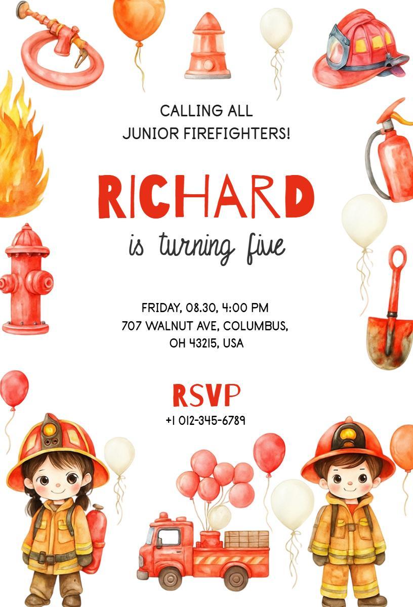 Junior Firefighter Fun Fire Truck Birthday Invitation Template