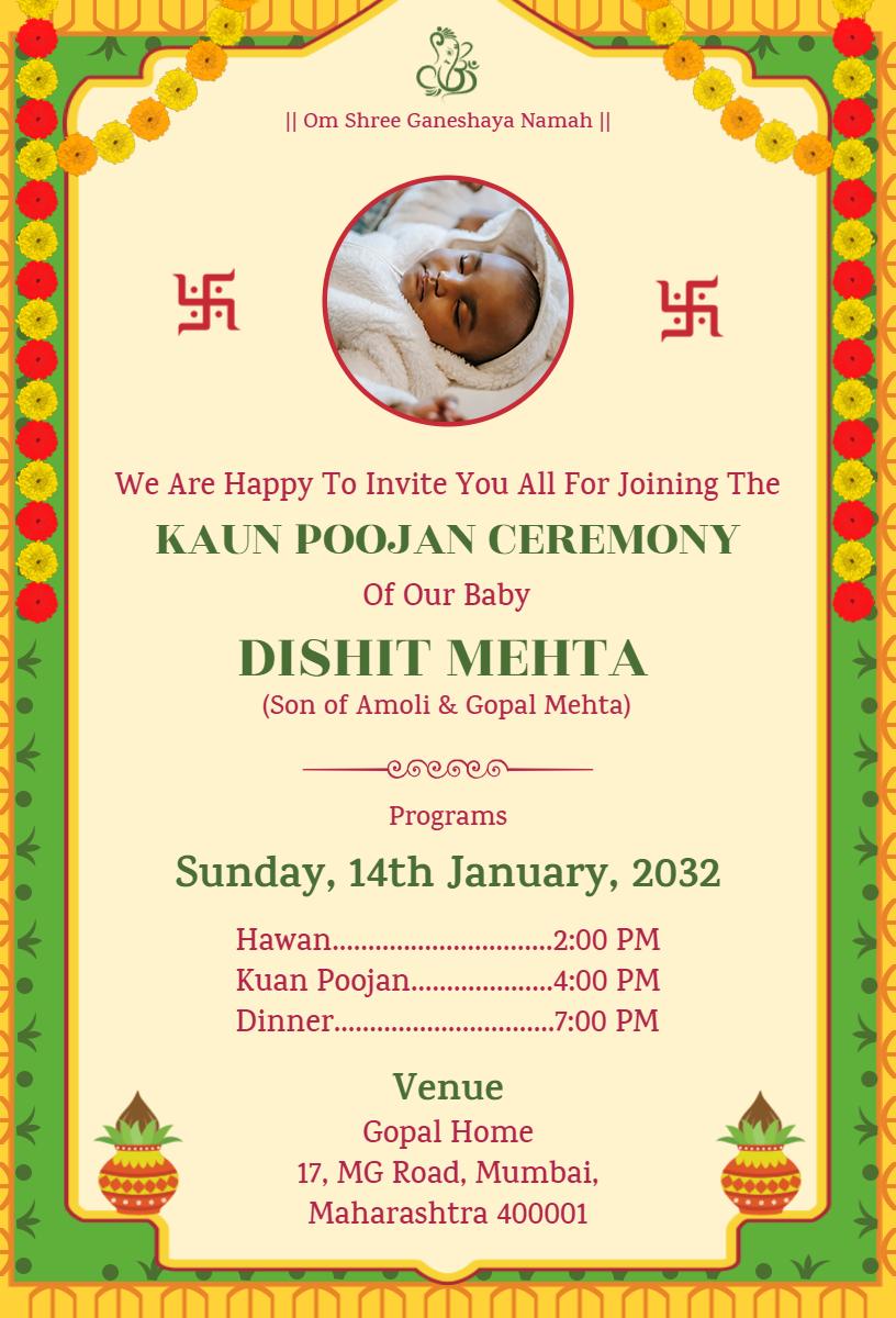 Kaun Poojan Ceremony Celebration Baby Dishit Invitation Template