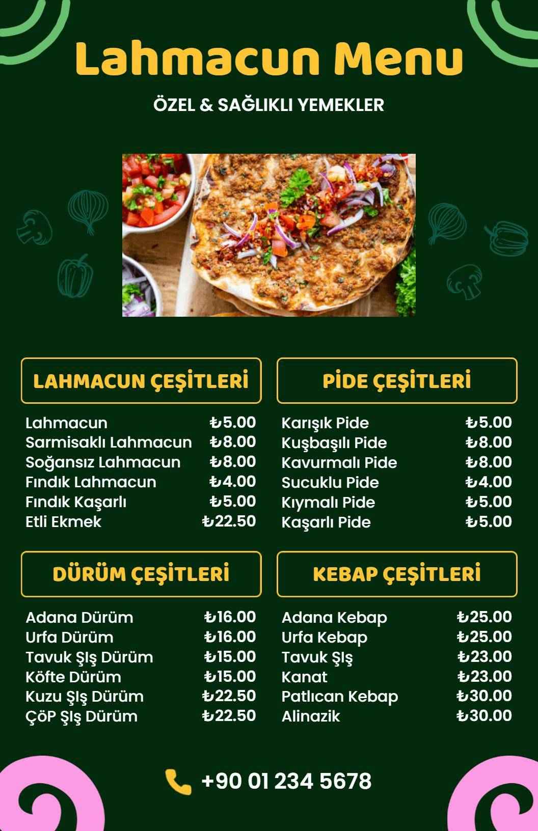 Kebaplar Ve Türk Lezzetleri İçeren Nefis Lahmacun Menü Şablonu