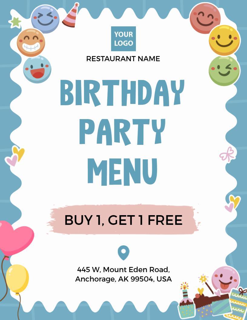 Kid-Friendly Fun Birthday Party Menu Template