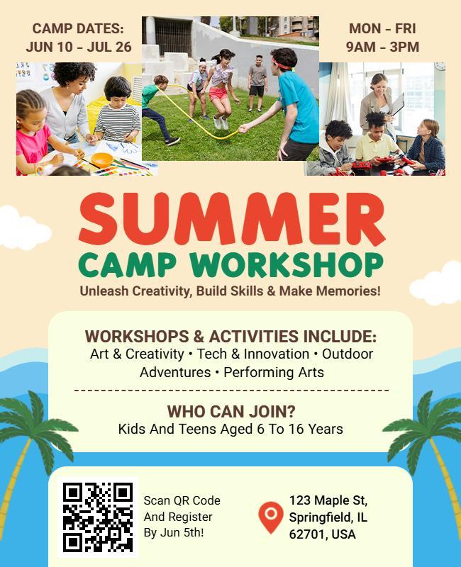 Kid-Friendly Summer Camp Workshop Event Flyer Template