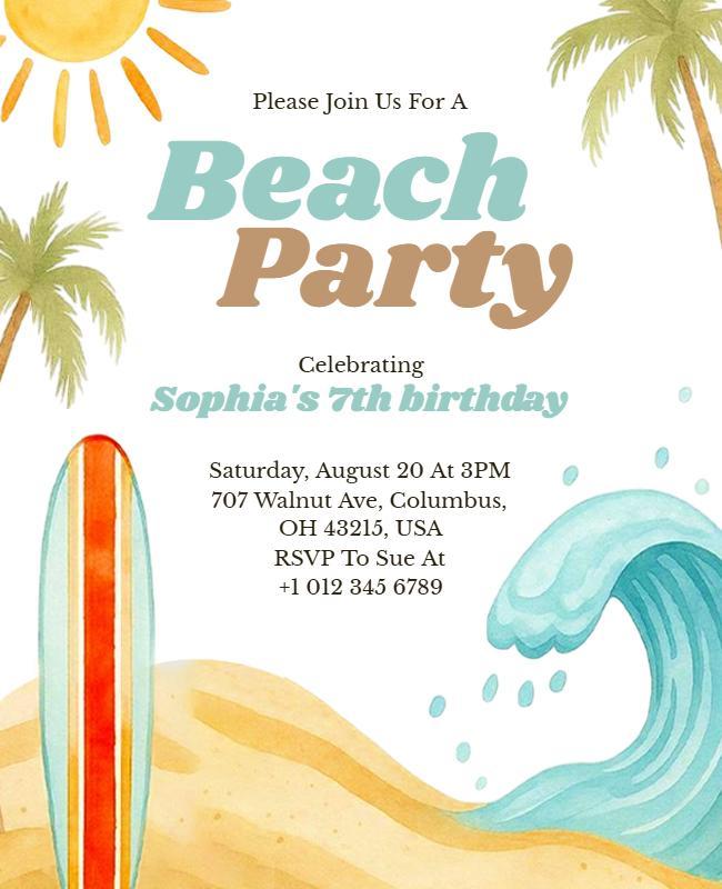 Kids Beach Birthday Party Flyer Template