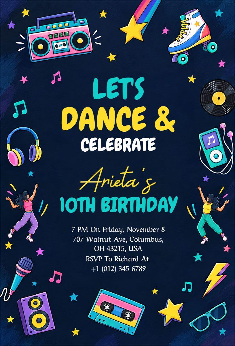 Kids Dance Party 10th Birthday Invitation Template
