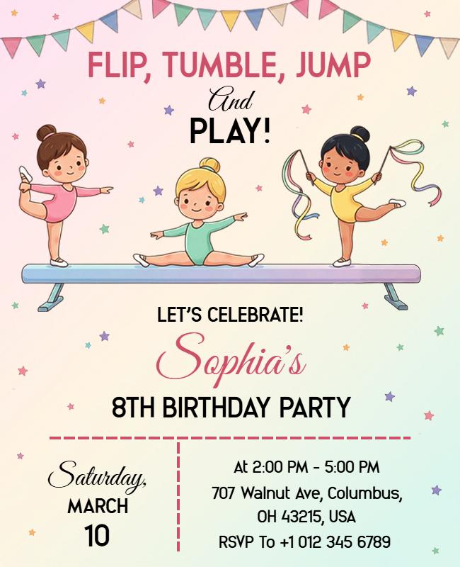 Kids Gymnastics Birthday Party Invitation Poster Template
