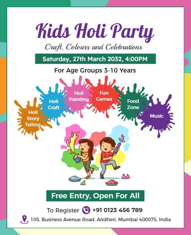 Kids Holi Celebration Party Flyer Template