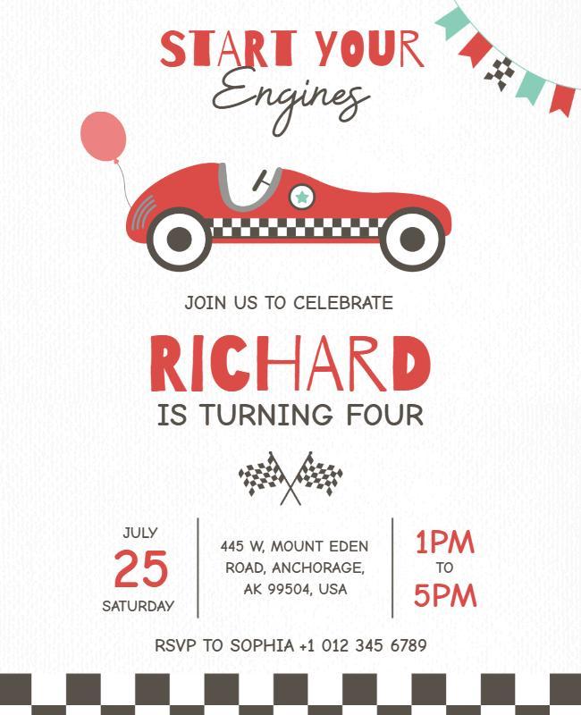 Kids Racing Car Birthday Party Flyer Template