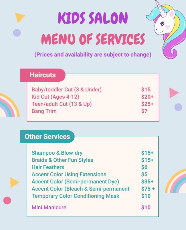 Kids Salon Unicorn Theme Services Flyer Template