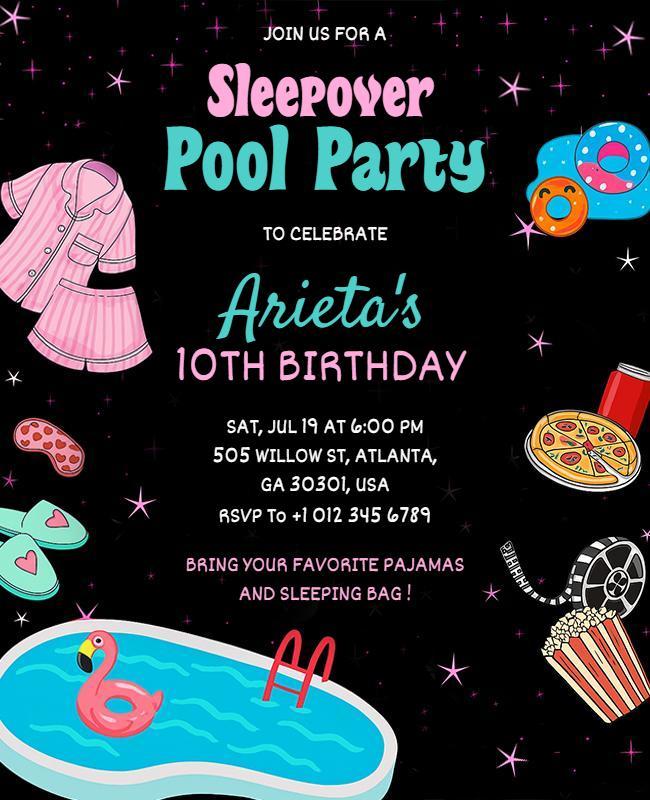 Kids Sleepover Pool Party Invitation Flyer Template