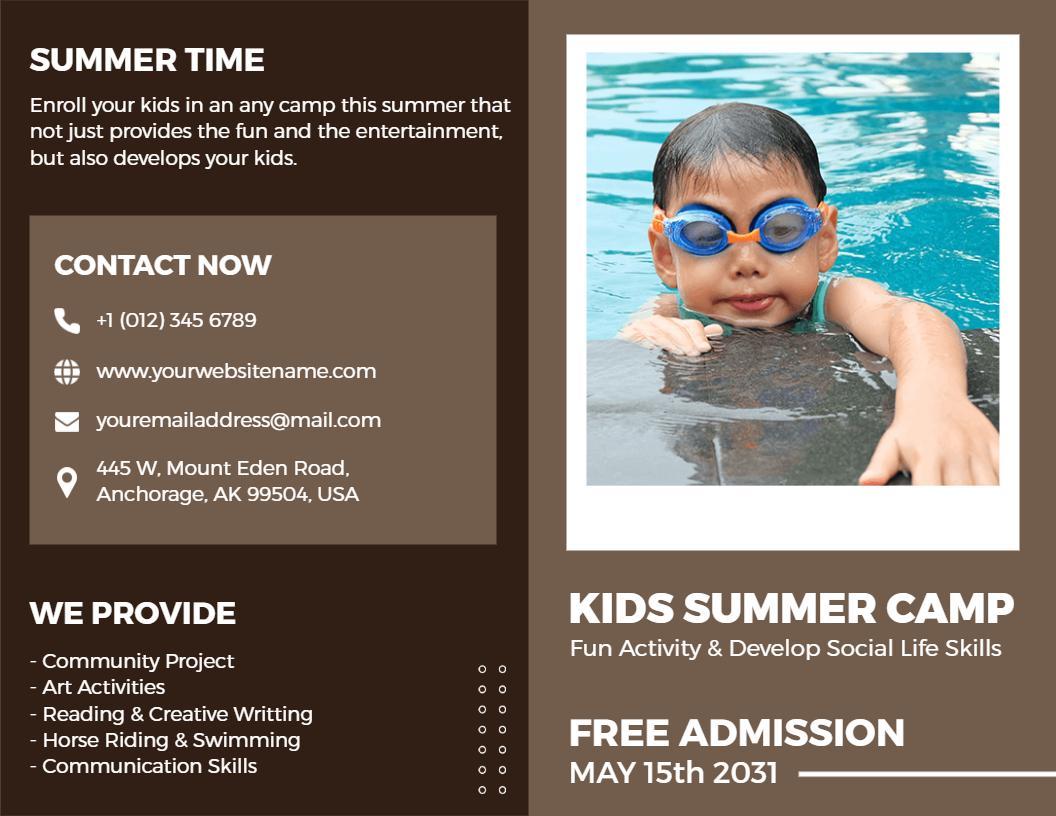 Kids Summer Camp Fun Activities and Social Skills Education Brochure Template