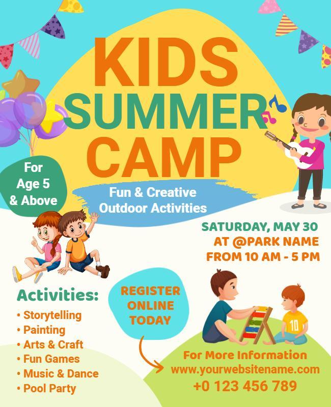 Colorful Fun Kids Summer Camp Outdoor Activities Flyer Template