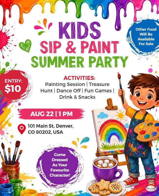 Kids Summer Sip and Paint Party Flyer Template