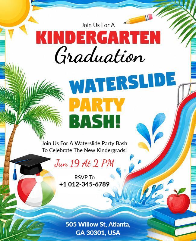 Kindergarten Graduation Waterslide Party Bash Flyer Template