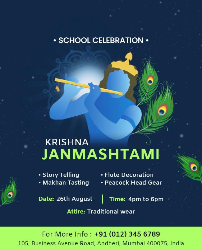 Krishna Janmashtami School Celebration Flyer Template