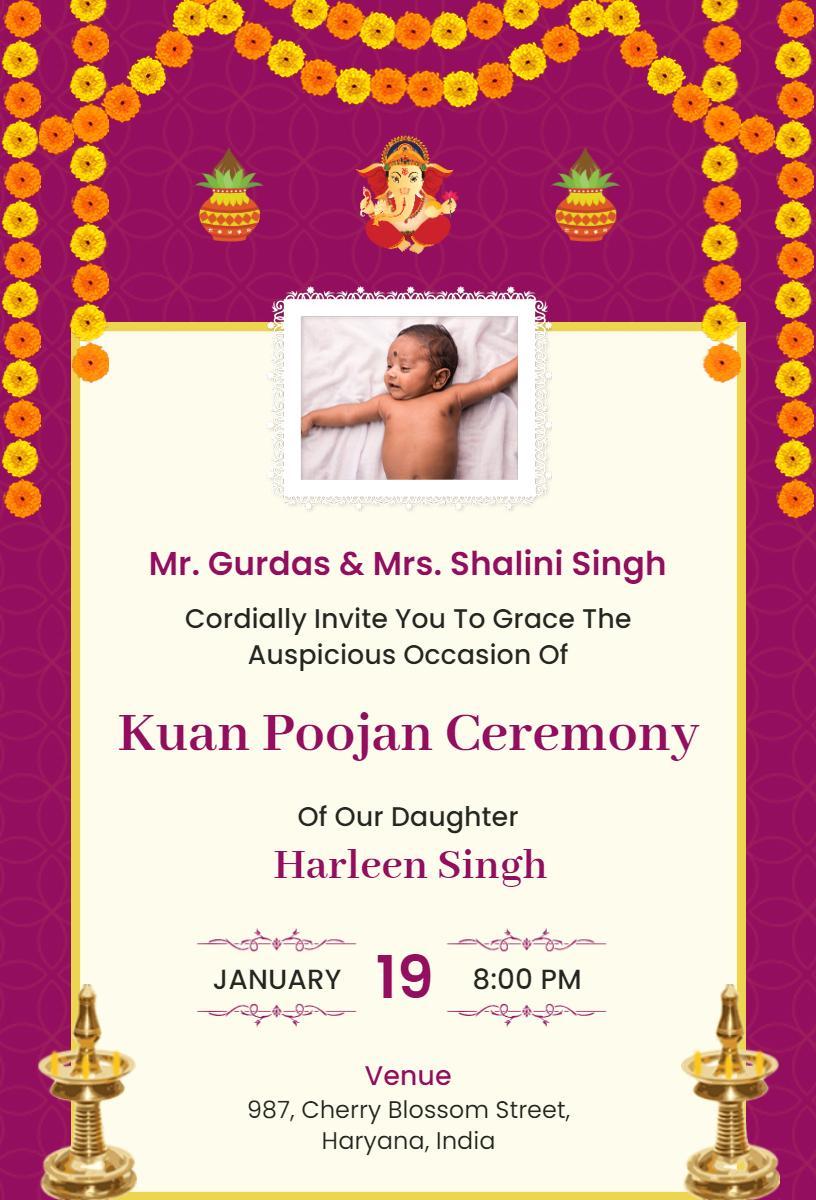 Kuan Poojan Ceremony Traditional Family Celebration Invitation Template