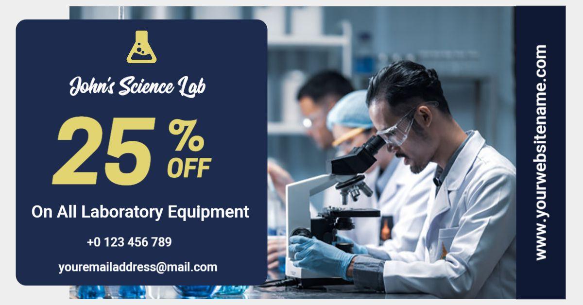 Laboratory Equipment Discount Offer on Blue Background Facebook Ad Banner Template