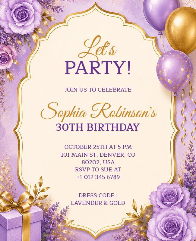 Lavender and Gold Birthday Party Invitation Flyer Template