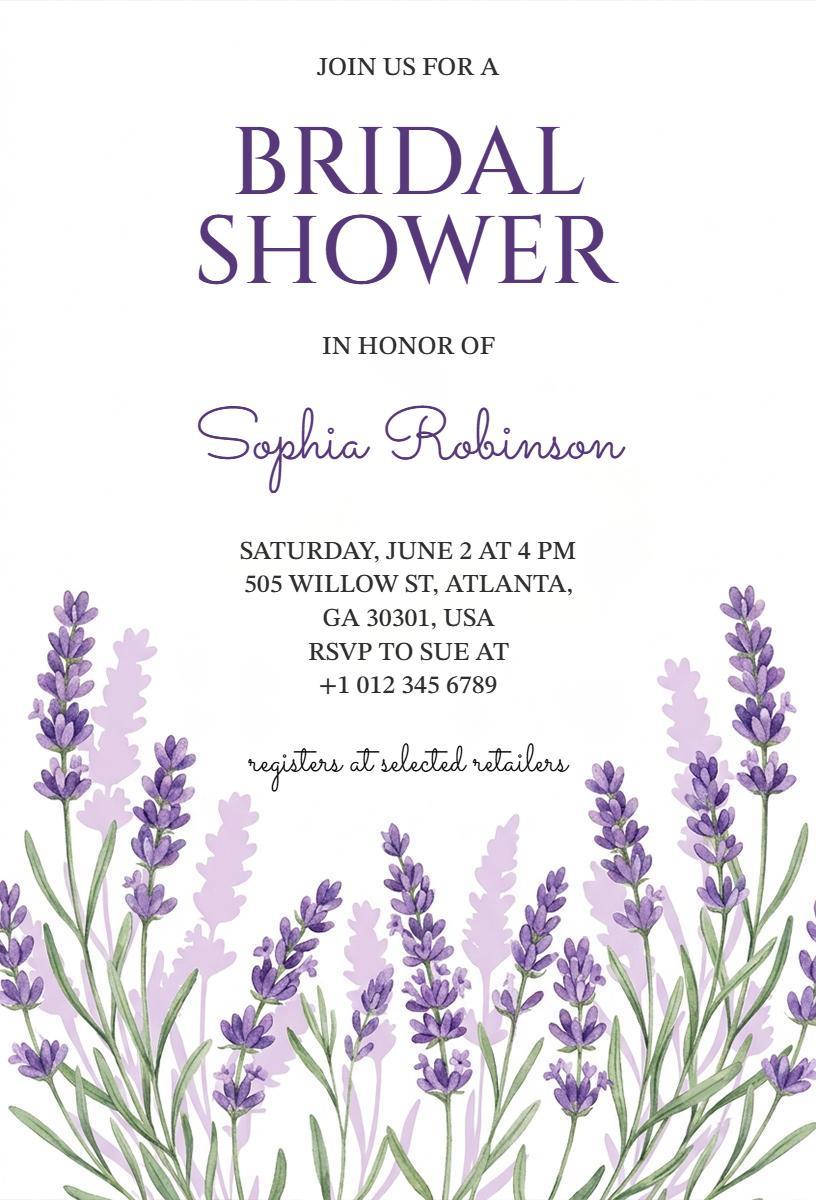 Lavender Floral Elegant Bridal Shower Invitation Template