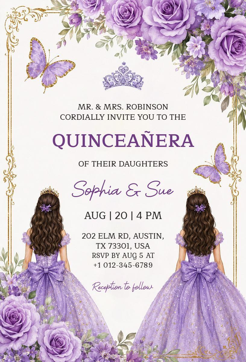 Lavender Floral Twin Quinceanera Celebration Invitation Template
