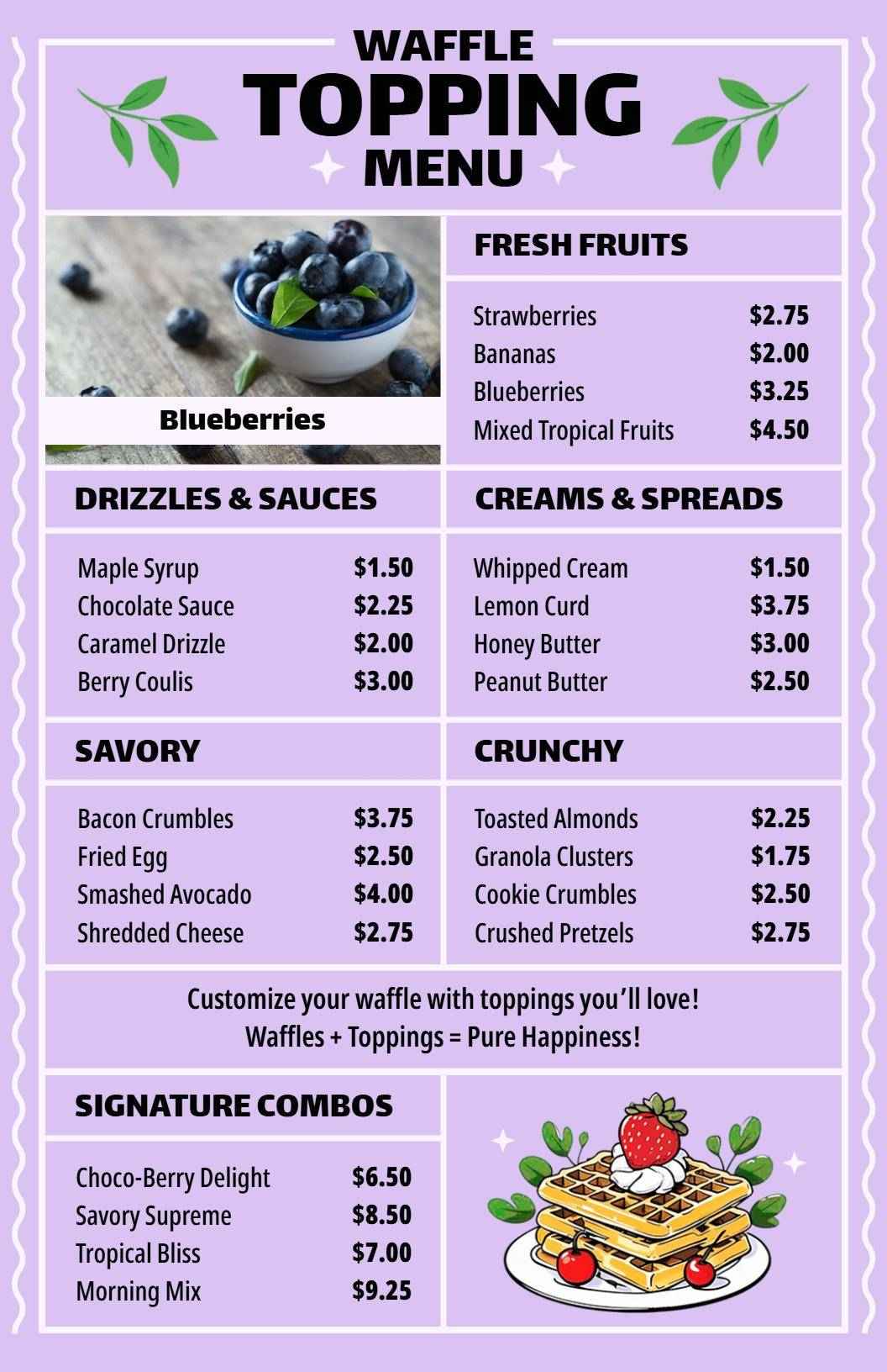 Lavender Gourmet Waffle Topping Options Menu Template