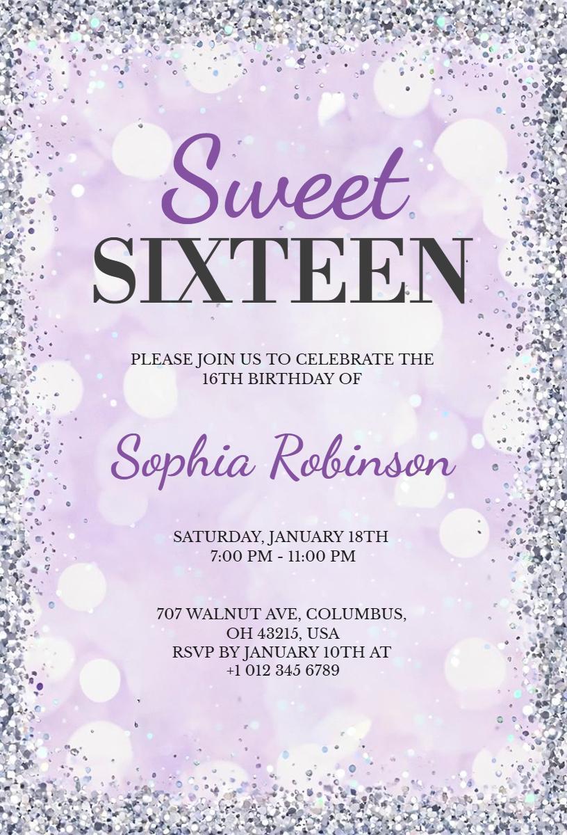 Lavender Sparkle Sweet 16 Birthday Celebration Invitation Template